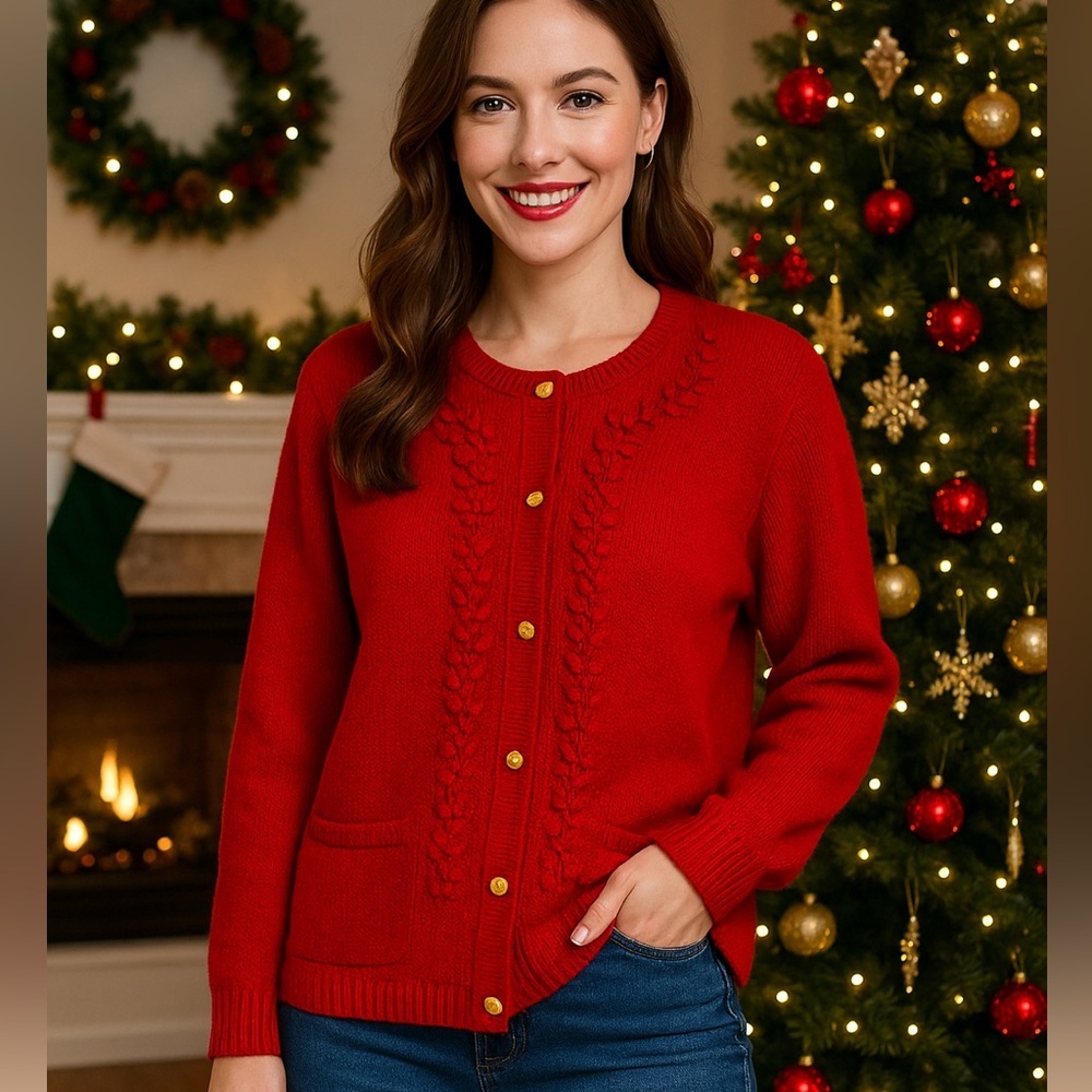 Vintage Liz Baker Textured Knit Holiday Red Cardigan